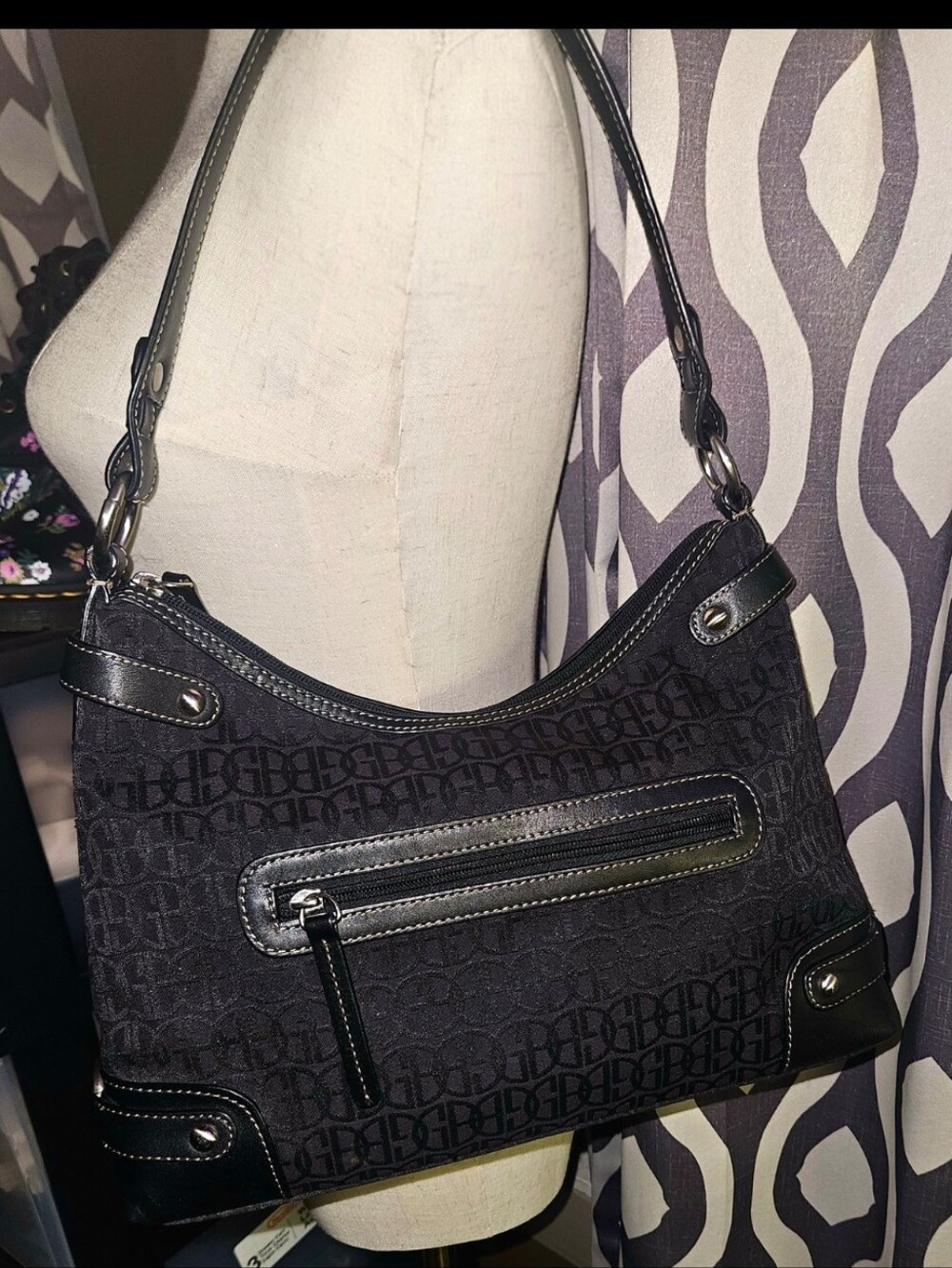 Giani Bernini Black Logo Patterned Shoulder Bag with Leather Trim